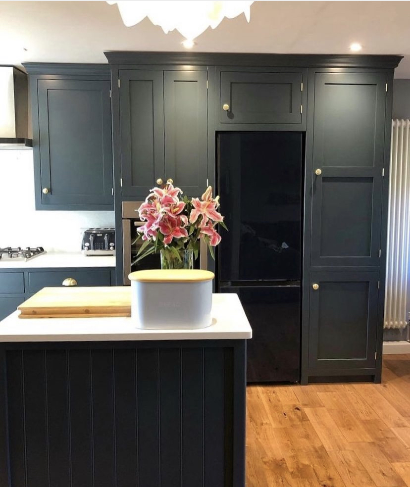 Dark teal slate shaker kitchen with island Yorkshire