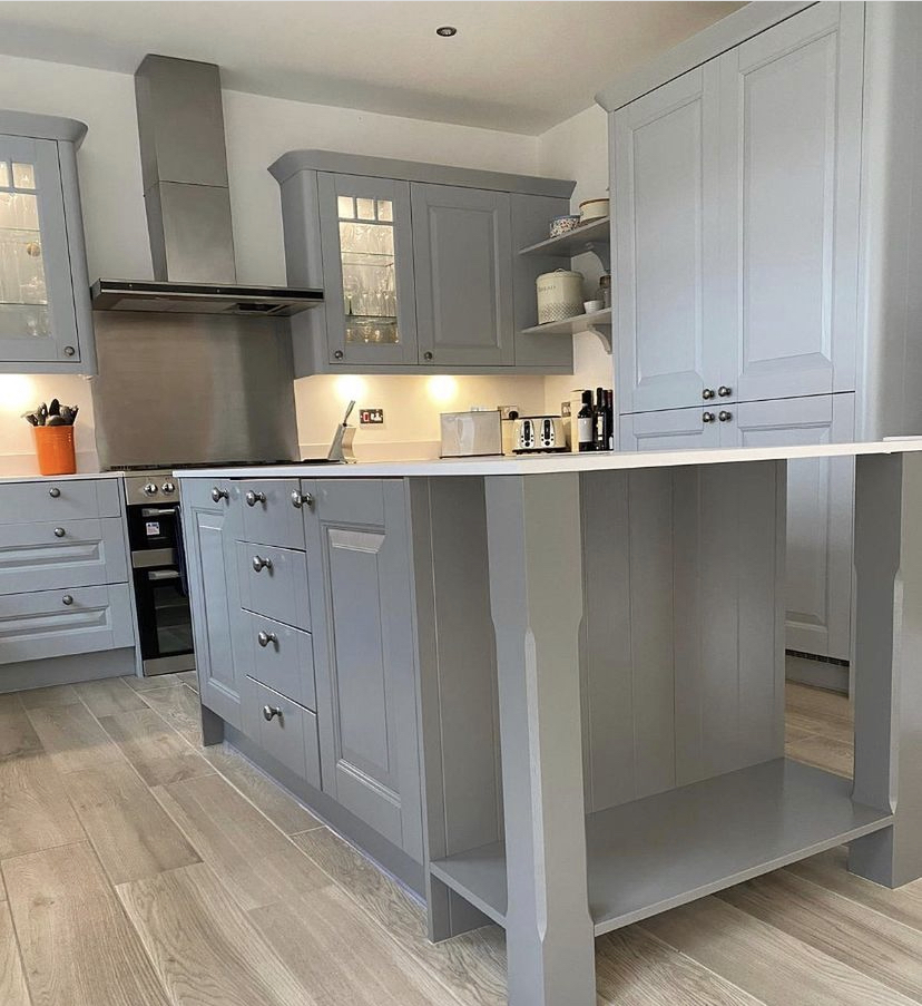 Grey shaker kitchen with brass handles Yorkshire