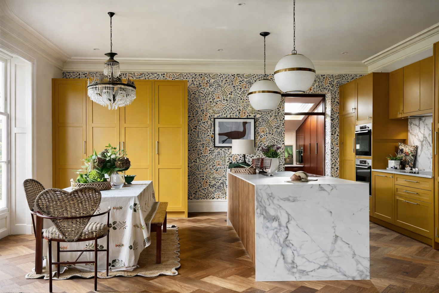 Mustard yellow kitchen with marble island and herringbone floor Yorkshire