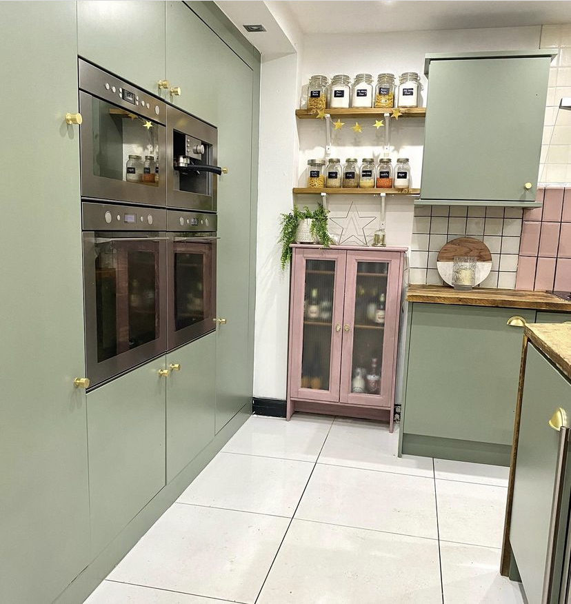 Sage green kitchen with brass hardware Yorkshire