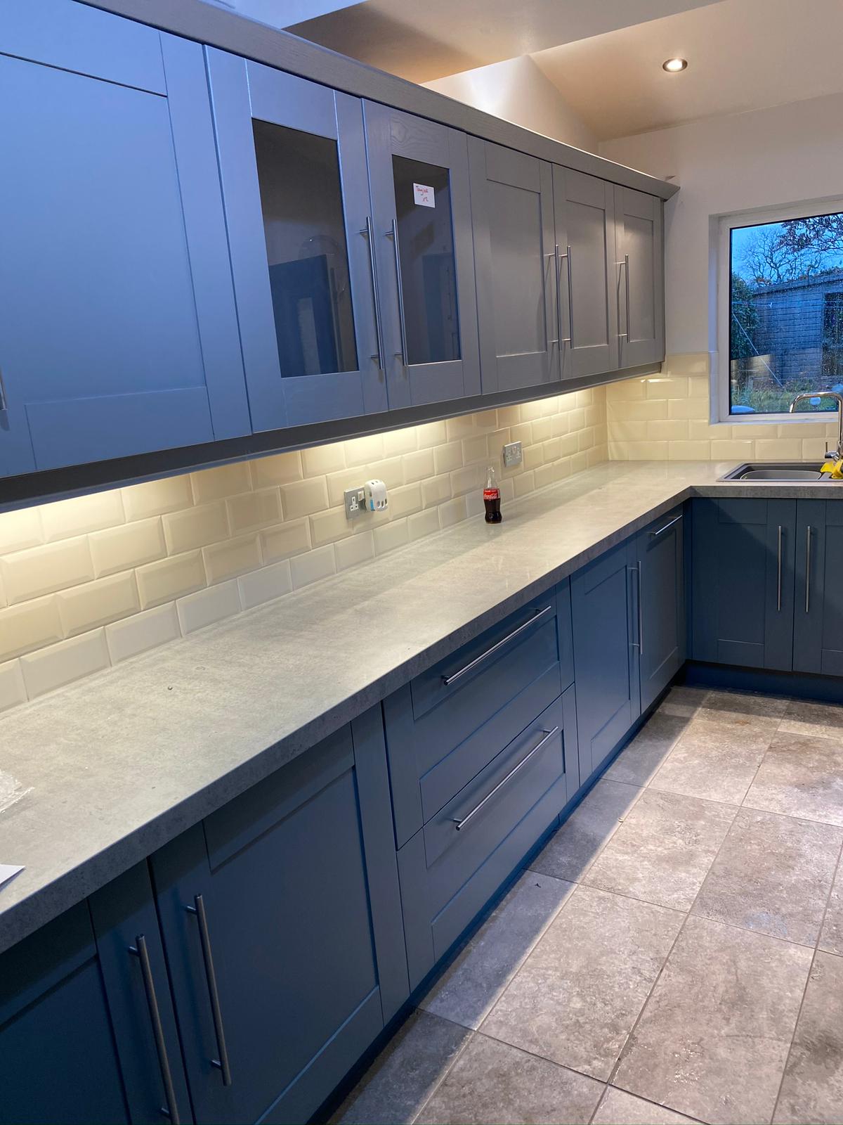 Steel blue shaker kitchen with under cabinet lighting Yorkshire